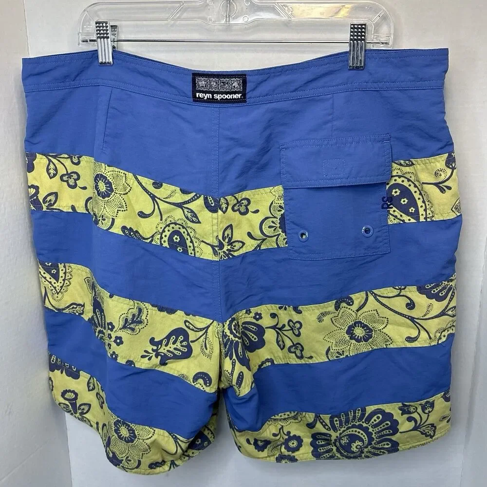Reyn Spooner Swim Trunks Mens 38 Board Short Floral Tropical Blue Yellow Stripes